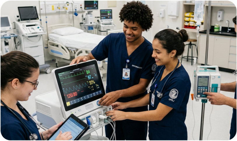 Alunos de enfermagem em aula prática com equipamentos hospitalares